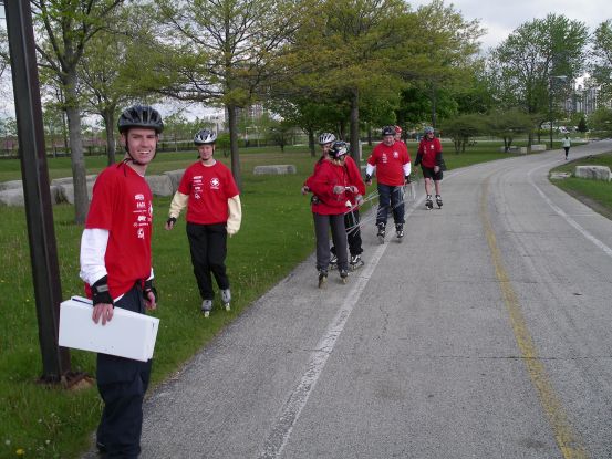 Out on the trail, placing signs for the skaters.