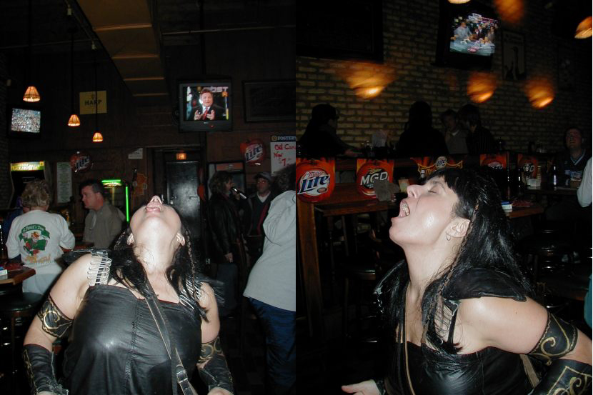 Xena signals an end to the evening with an ear deafening Warrior Princess war whoop. (Two views.)