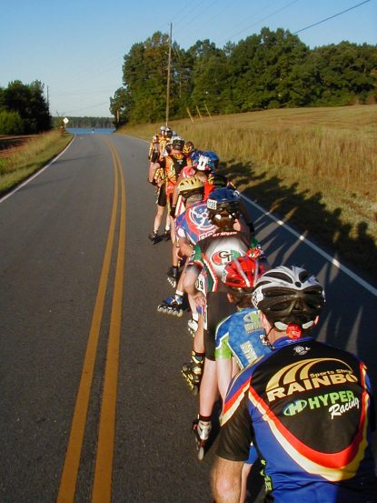 The front half of our early pace line. Tom you must be expecting to be skating until dark, why else the blinky light on your helmet?