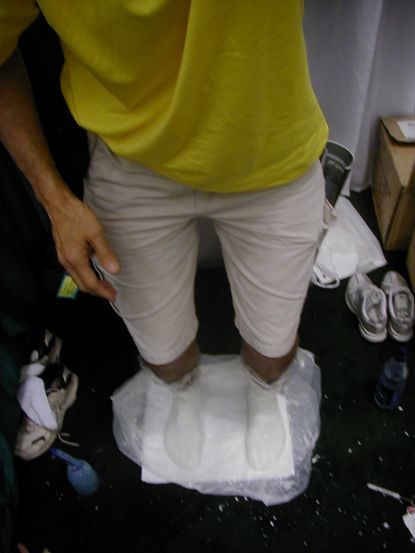 I've been called lead-foot before, but never plaster-foot. Foot molds being made for my custom Bont boots.